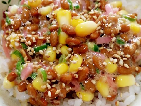 納豆の食べ方-紅生姜＆コーン♪